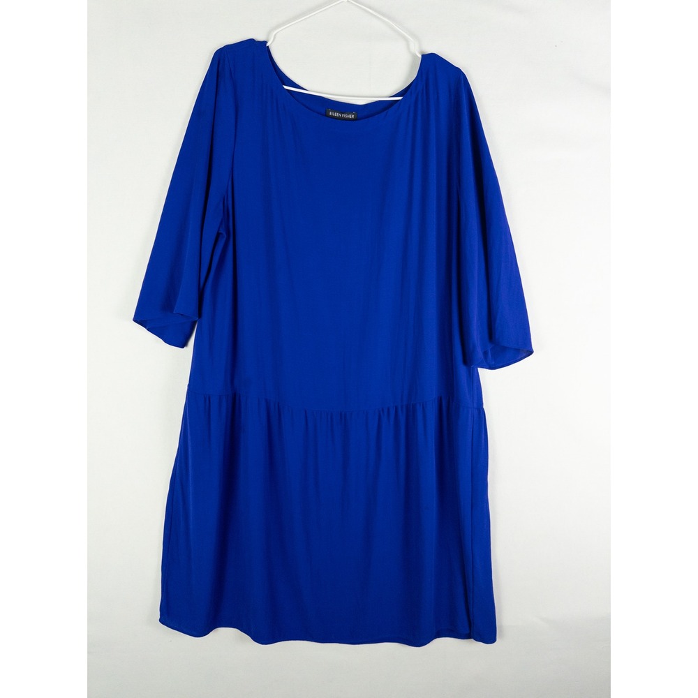 Eileen Fisher 100% Silk Tiered Drop Waist Dress Womens L Royal Blue Minimalist